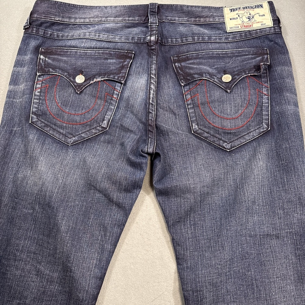 JEANS STRAIGHT True Religion Men 42x32 FACTORY Red Distressing Flap Pockets Y2K